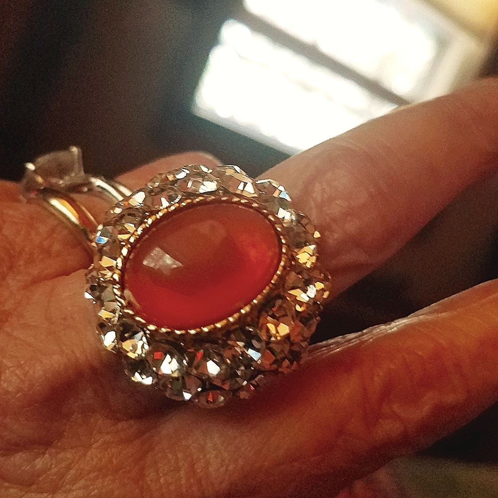 Faux Carnelian & Diamond Gold Ring, Adjustable. 8-8.5